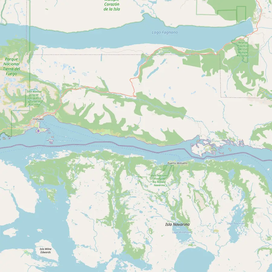 Map of the Beagle Channel from the Ushuaia tourist pier past Les Eclaireurs lighthouse to Puerto Almanza, Martillo Island and Estancia Harberton