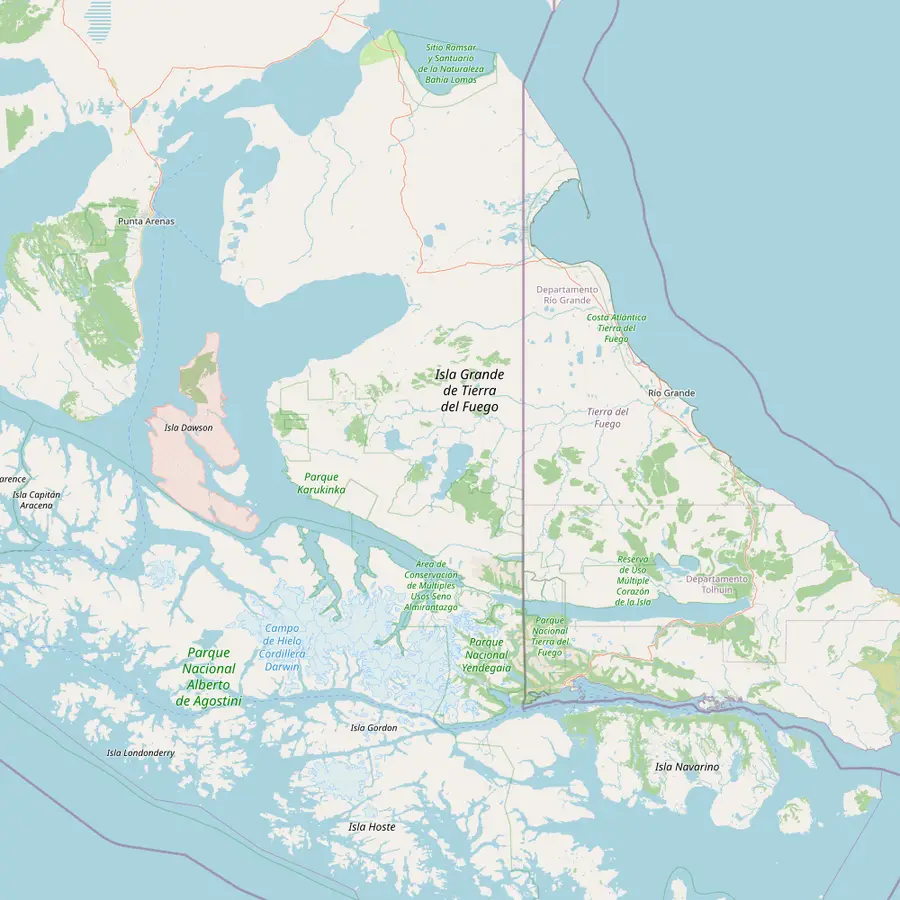 Map of Tierra del Fuego from Ushuaia via Tolhuin and Rio Grande to Parque Pinguino Rey at Bahia Inutil, Porvenir and Punta Arenas